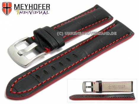 Watch strap -Estero- 18mm black leather alligator grain red stitching by MEYHOFER (width of buckle 16 mm) - Bild vergrößern 