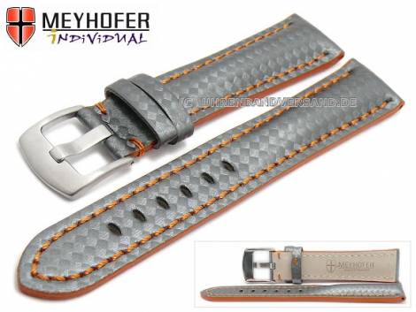 Watch strap -Rheinsberg- 24mm grey leather sporty carbon look orange stitching by MEYHOFER (width of buckle 20 mm) - Bild vergrern 