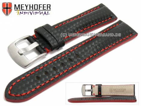 Watch strap -Rheinsberg- 24mm black leather sporty carbon look red stitching by MEYHOFER (width of buckle 20 mm) - Bild vergrern 