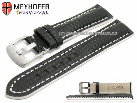 Watch strap -Rheinsberg- 24mm black leather sporty carbon look white stitching by MEYHOFER (width of buckle 20 mm) - Bild vergr��ern 