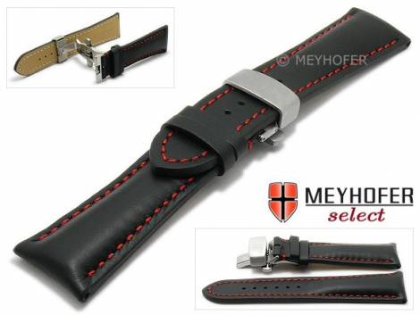 Watch strap -Tilburg- 24mm black leather red stitching with butterfly clasp by MEYHOFER (width of clasp 20 mm) - Bild vergr��ern 