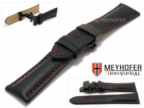 Watch strap -Stade- 24mm black leather red stitching with black clasp by MEYHOFER (width of clasp 20 mm) - Bild vergr��ern 