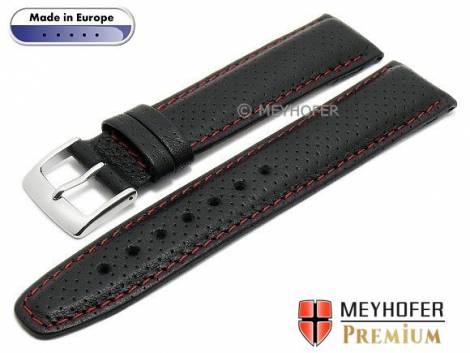 Watch strap -Trient- 24mm black leather perforated red stitching by MEYHOFER (width of buckle 20 mm) - Bild vergrern 