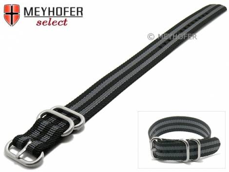 Watch strap -Pennsylvania- 24mm black textile grey stripes 2 metal loops one-piece strap by MEYHOFER - Bild vergr��ern 