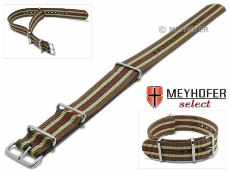 Watch strap -Vermont- 18mm brown/beige textile green and red stripes 3 metal loops one-piece strap NATO style MEYHOFER - Bild vergrern 