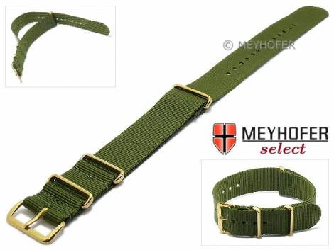 Watch strap -Maine- 24mm olive green textile 3 golden metal loops one-piece strap in NATO style by MEYHOFER - Bild vergrern 