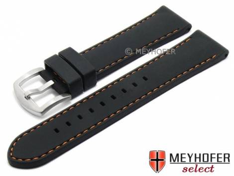 Watch strap -Udine Special- 22mm black silicone smooth matt orange stitching by MEYHOFER (width of buckle 20 mm) - Bild vergr��ern 