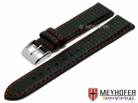 Watch strap -Waco- 22mm black synthetic carbon look red stitching by MEYHOFER (width of buckle 20 mm) - Bild vergr��ern 