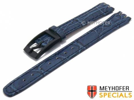 Watch strap -Inkster- 12mm dark blue leather croco grain suitable for SWATCH by MEYHOFER (width of buckle 12 mm) - Bild vergrern 