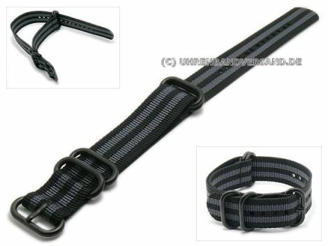 Watch strap 20mm black textile with grey stripes black buckle 4 metal loops one-piece strap - Bild vergr��ern 