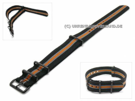 Watch strap 22mm black/orange grey stripes textile black buckle NATO one-piece strap - Bild vergr��ern 