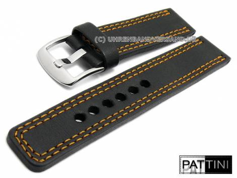 Watch strap 21mm black leather matt robust orange double stitching by PATTINI (width of buckle 22 mm) - Bild vergrern 