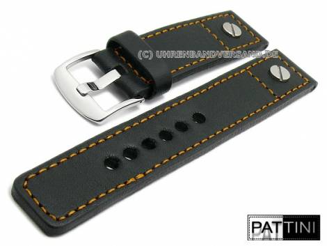Watch strap 22mm black leather with one rivet orange stitching by PATTINI (width of buckle 22 mm) - Bild vergr��ern 