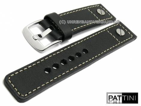 Watch strap 24mm black leather with one rivet light stitching by PATTINI (width of buckle 24 mm) - Bild vergrern 