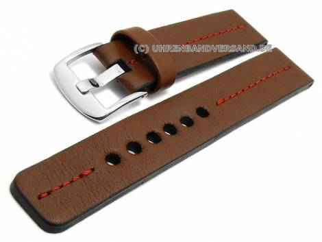 Watch strap 24mm brown leather robust matt red coloured central stitching line by PATTINI (width of buckle 24 mm) - Bild vergrern 