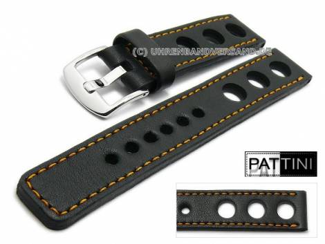 Watch strap 19mm black leather racing look robust matt orange stitching by PATTINI (width of buckle 20 mm) - Bild vergr��ern 