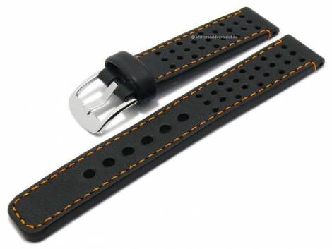 Watch strap 20mm black smooth rustic leather racing style orange stitching by PATTINI (width of buckle 20 mm) - Bild vergr��ern 