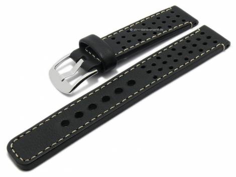 Watch strap 21mm black smooth rustic leather racing style light stitching by PATTINI (width of buckle 22 mm) - Bild vergrern 