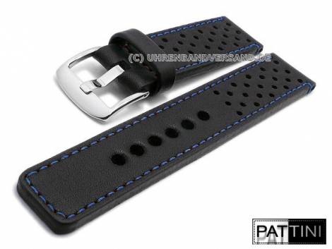 Watch strap 24mm black smooth rustic leather racing style blue stitching by PATTINI (width of buckle 24 mm) - Bild vergr��ern 