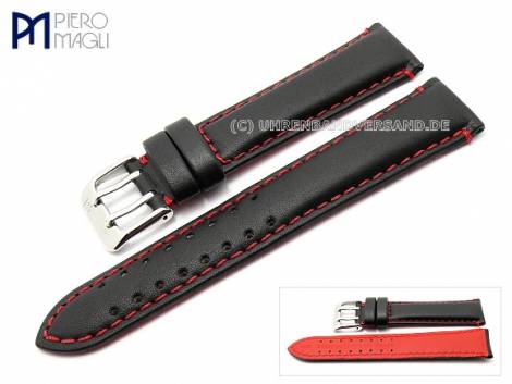 Watch band -Sportive Terracare- 20mm black padded red contrast stitching Piero Magli (width of buckle 18 mm) - Bild vergr��ern 