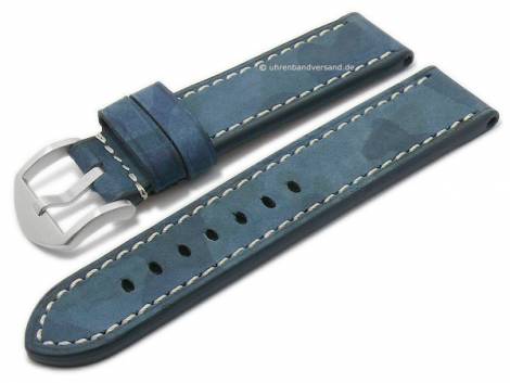 Watch strap -Hawker- 22mm blue camouflage leather military look light stitching by RIOS (width of buckle 22 mm) - Bild vergrern 