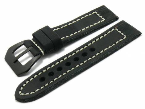 Watch strap -Liverpool- 24mm black leather vintage look light stitching by RIOS (width of buckle 24 mm) - Bild vergrößern 