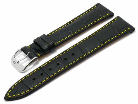 Watch strap -Vegas- 19mm black leather alligator grain yellow stitching by RIOS (width of buckle 16 mm) - Bild vergrern 