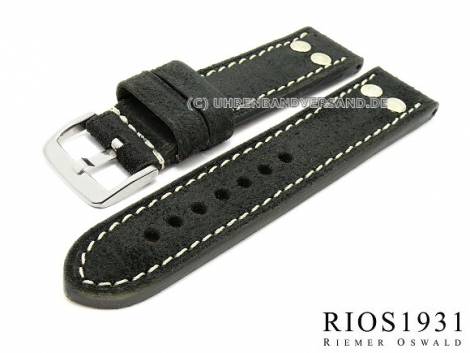 Watch band -Chesterfield- RIOS 24mm black with rivets real leather light stitching (width of buckle 24 mm) - Bild vergrern 