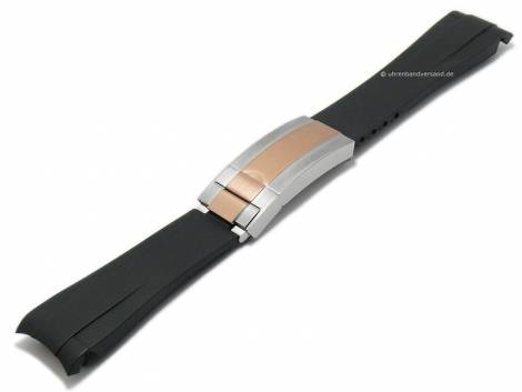 Watch strap 20mm black silicone with bicolor rosgold/silver coloured clasp suitable for ROLEX Oysterflex - Bild vergrern 