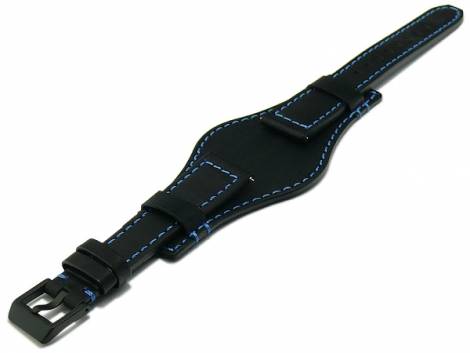 Watch strap -Aviator New Pad- 22mm black leather with leather pad blue stitching easy click by STAILER (buckle 18 mm) - Bild vergrern 