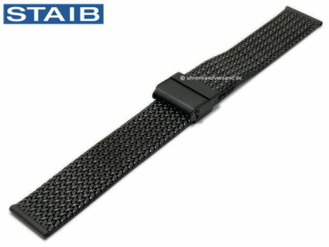 Watch strap 20mm black mesh polished medium structure herringbone security slide clasp by STAIB - Bild vergrern 