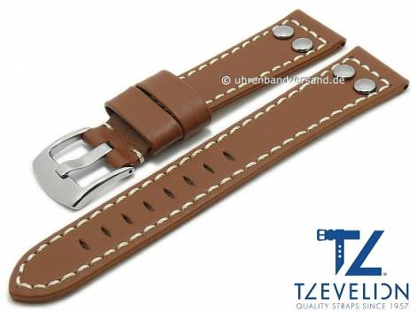 Watch strap 24mm brown leather aviator look with rivets light stitching by TZEVELION (width of buckle 22 mm) - Bild vergr��ern 