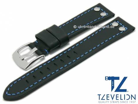 Watch strap 20mm black leather aviator look with rivets blue stitching by TZEVELION (width of buckle 18 mm) - Bild vergr��ern 