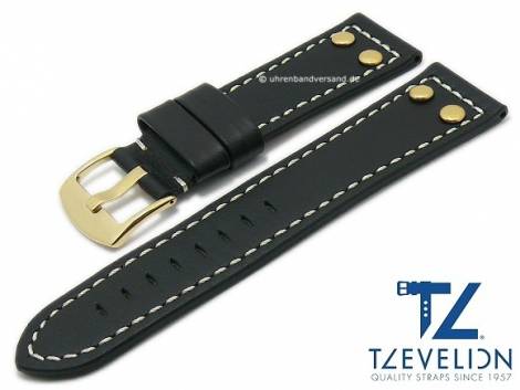 Watch strap 24mm black leather aviator look golden rivets light stitching by TZEVELION (width of buckle 22 mm) - Bild vergrern 