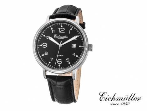 Automatic watch stainless steel silver face black leather strap from Eichmueller (*EM*HU*) - Bild vergrern 