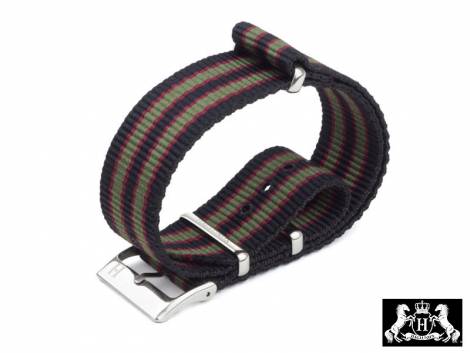 Watch strap -Varberg- 20mm black nylon/textile with red green stripes in NATO style one piece strap by HAGLUND - Bild vergr��ern 