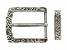 Gürtel-Dornschließe Metall altsilberfarben Motiv Geflecht Antik-Look mit Metallschlaufe passend für Gürtelbreite 40 mm