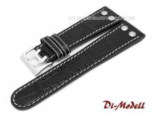 Uhrenarmband 22mm schwarz Di-Modell Venezuela Alligator-Prägung helle Naht mit Nieten (Schließenanstoß 20 mm)