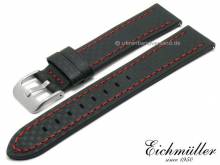 Uhrenarmband 18mm EASY-CLICK schwarz Leder Karbon-Look rote Naht von BandOh (Schließenanstoß 16 mm)