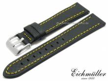 Uhrenarmband 18mm EASY-CLICK schwarz Leder Karbon-Look gelbe Naht von BandOh (Schließenanstoß 16 mm)