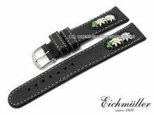 Watch strap 20mm black leather with embroidery folklore look by Eichmueller (width of buckle 18 mm)