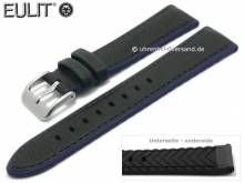 Uhrenarmband Waterproof 20mm schwarz-blau Leder/Silikon glatt blaue Naht von EULIT (Schließenanstoß 18 mm)
