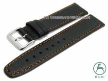 Watch strap Simba 17mm black leather grained matt orange stitching by KUKI (width of buckle 14 mm)