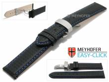 Watch strap Meyhofer EASY-CLICK Tobin 18mm black leather carbon look blue stitching clasp (width of clasp 18 mm)
