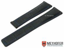 Uhrenarmband Alderney 22mm schwarz Leder Alligator-Prägung blaue Naht Faltschließe MEYHOFER (Schließenanstoß 18 mm)