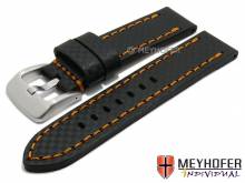 Watch strap Lethbridge 20mm black leather carbon look orange stitching by MEYHOFER (width of buckle 20 mm)