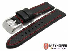 Watch strap Lethbridge 24mm black leather carbon look red stitching by MEYHOFER (width of buckle 24 mm)