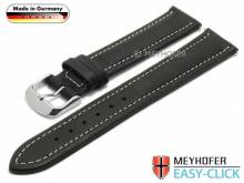 Watch strap Meyhofer EASY-CLICK Kelheim 20mm black leather smooth light stitching (width of buckle 18 mm)