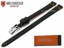 Watch strap Wadena 08mm black genuine elk leather grained orange stitching by MEYHOFER (width of buckle 06 mm)