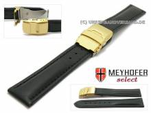 Watch strap Tacoma 24mm black leather smooth with golden clasp by MEYHOFER (width of clasp 22 mm)